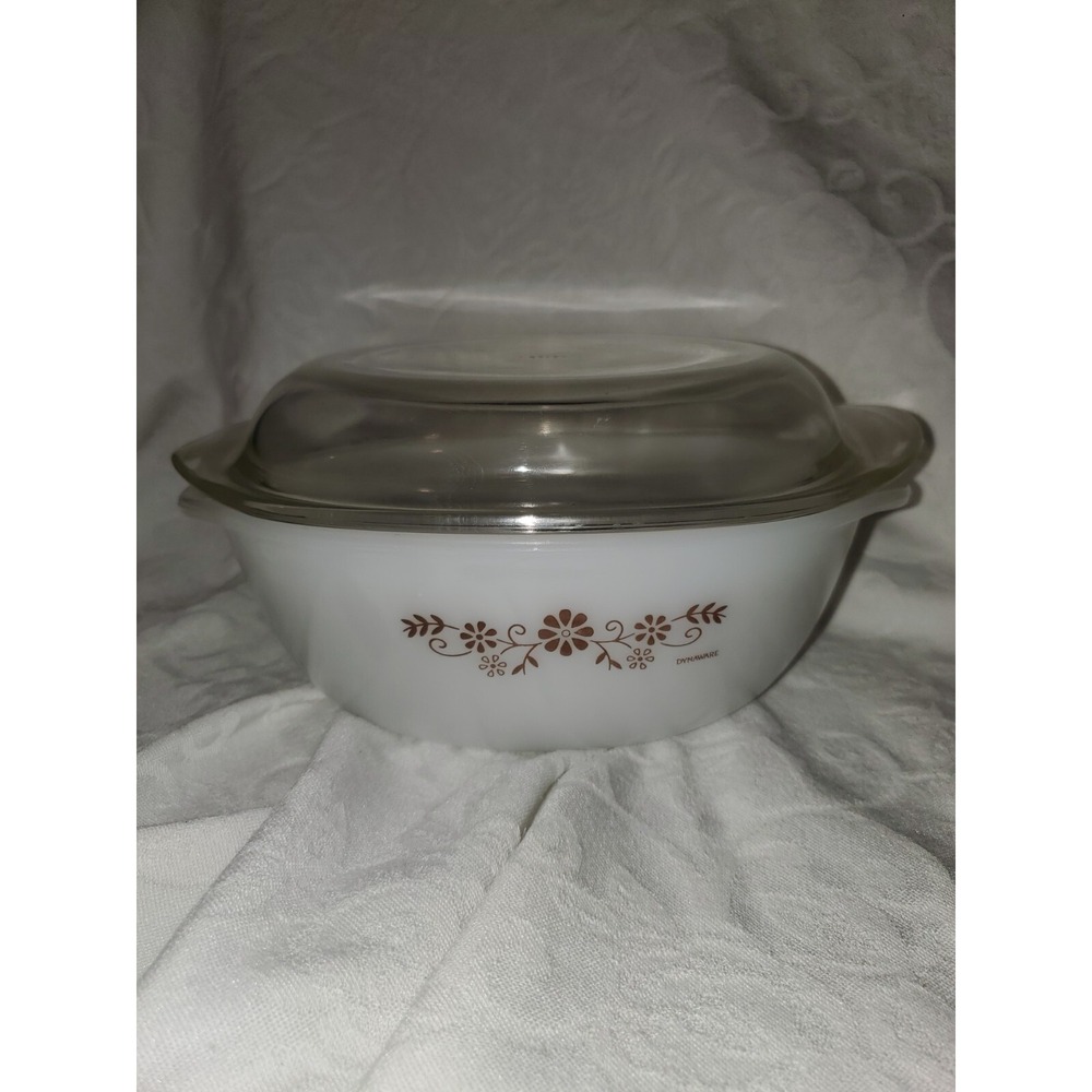 Vintage Dynaware Pyr-O-Rey Milk Glass Brown Daisy Bowl Casserole Dish & Lid #23